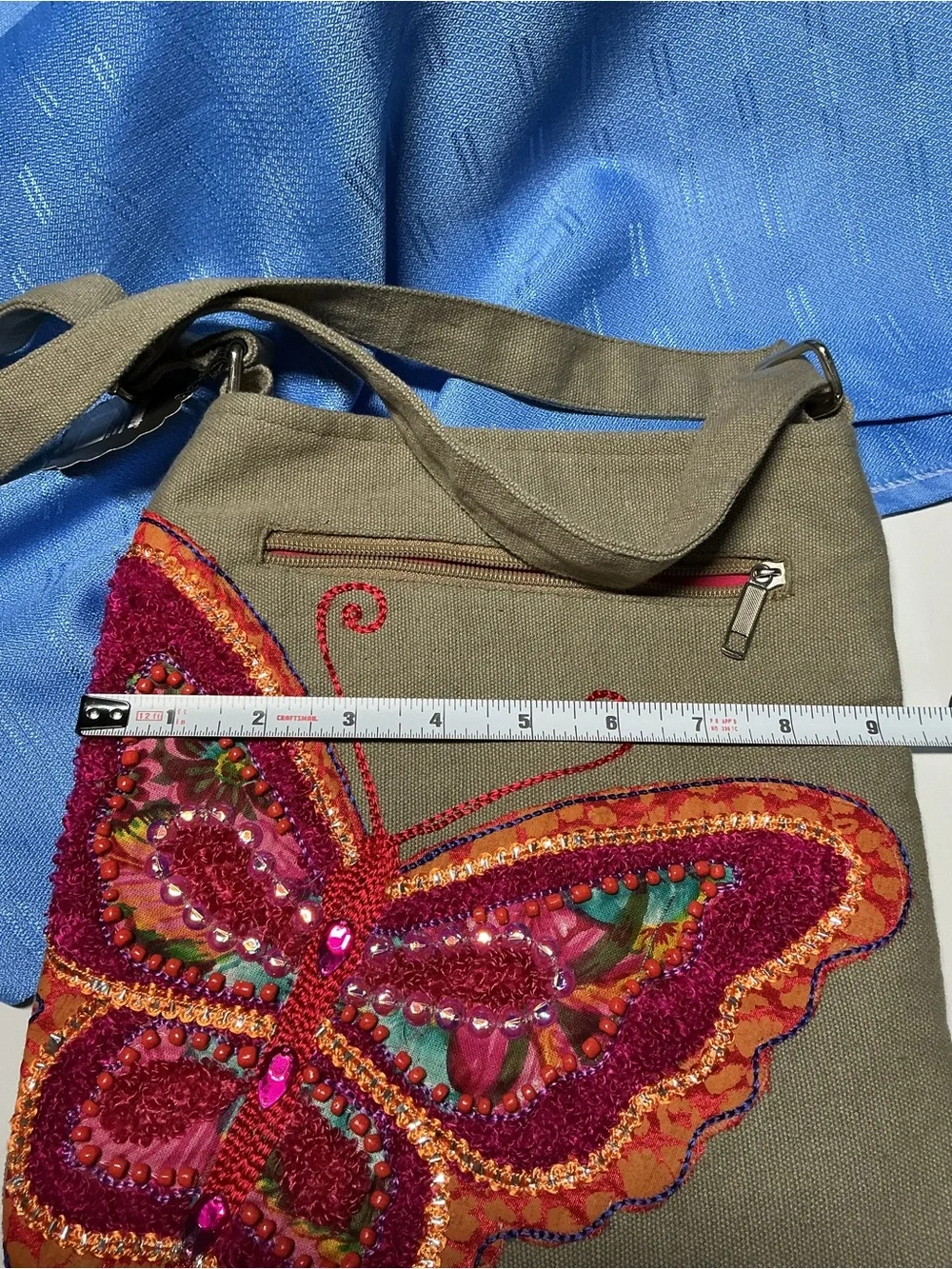 Pier 1 Butterfly Embroidered Crossbody Bag - Beige with Pink & Orange Accents